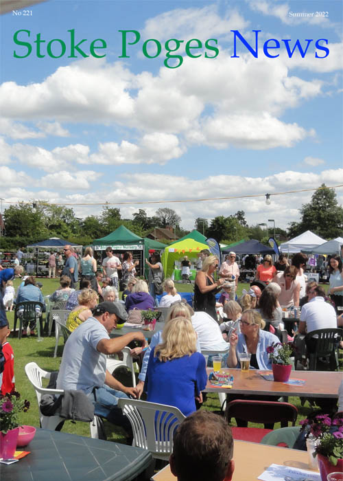 Cover image for Stoke Poges News, Summer 2022, showing a field full of people on a sunny day, with gazebos in the background