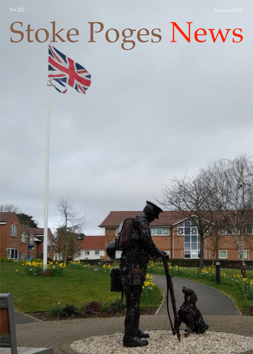 Cover image for Stoke Poges News, Autumn 2022, showing the Union Flag flying at Bells Hill Green, with a metal statue of a soldier and his dog in the foreground
