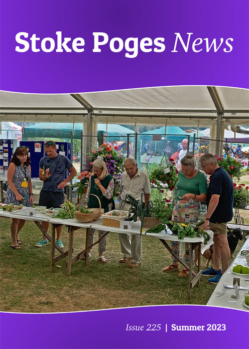 Cover image for Stoke Poges News, Summer 2023, showing people looking a flower, fruit and vegetable exhibits in a marquee at the horticultural show