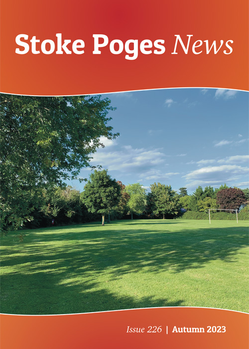 Cover image for Stoke Poges News, Autumn 2023, showing the grass field at Plough Lane Recreation Ground, surrounded by trees