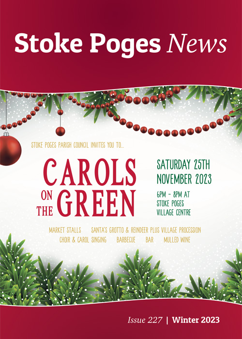 Cover image for Stoke Poges News, Winter 2023, showing details of Carols on the Green on a background of festive foliage