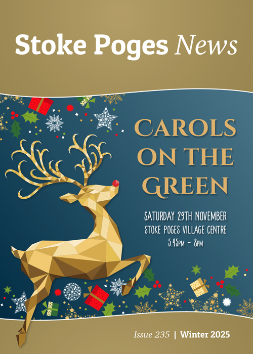 Cover image for Stoke Poges News, Winter 2025, featuring a gold, stylized reindeer
