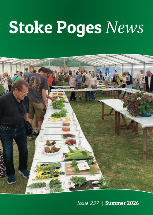 Cover image for Stoke Poges News, Summer 2026, featuring people browsing flower, fruit and vegetable exhibits in a large marquee